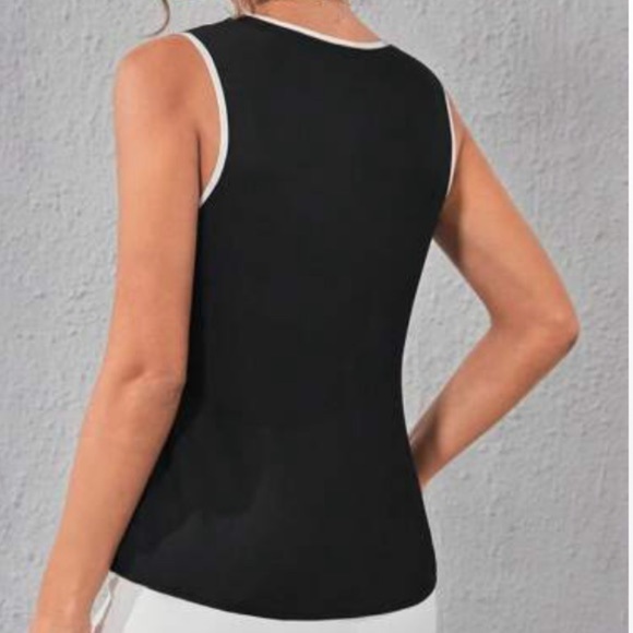 Sleeveless tank top contrast binding minimalist work wear black white - Picture 3 of 5